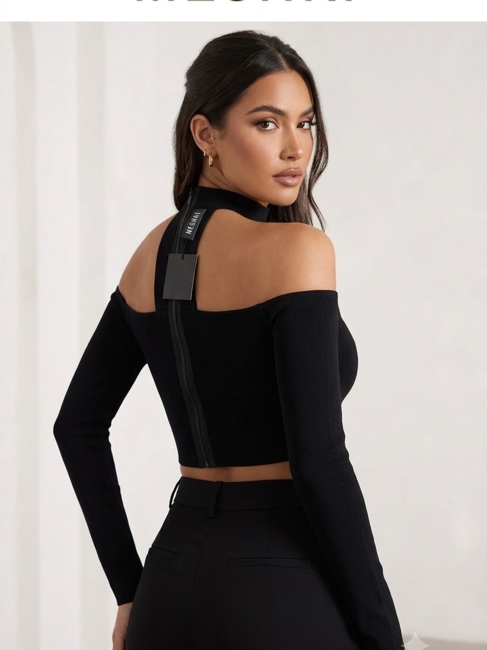 Meshki Black Off-Shoulder Zip-Back Crop Top with Tag